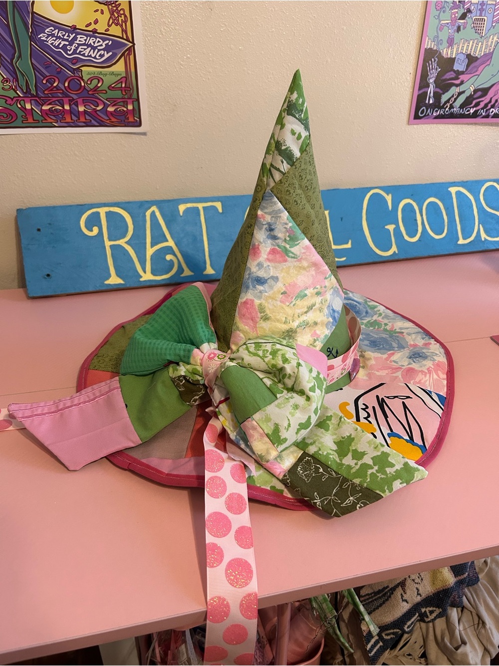 Green & Pink Patchwork Witch Hat with Bow handmade reversible